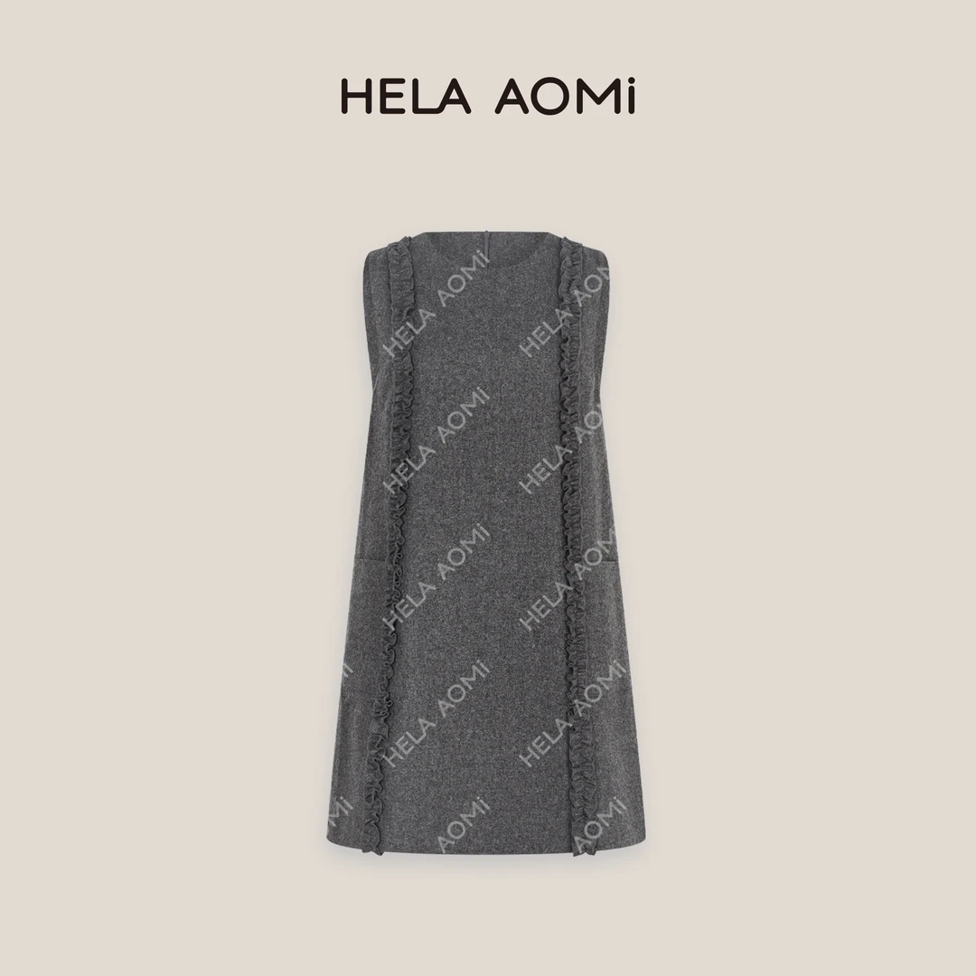 HELA AOMI“法式木耳边”绵羊毛50%混纺宽松木耳边连衣裙CY5CB72670