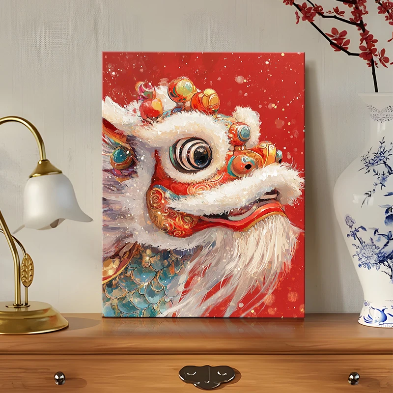 新中式国潮国风醒狮无边框绷画装饰画喜庆吉祥客厅玄关书房挂画