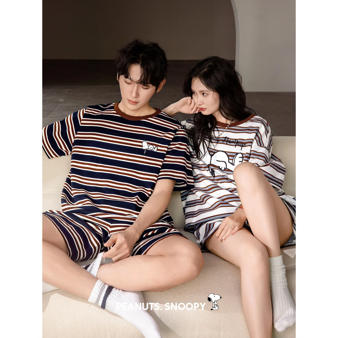 贝妍情侣睡衣女款夏季纯棉短袖史努比家居服休闲条纹男士大码套装