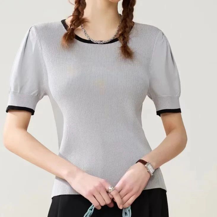 桑蚕丝韩系撞色针织短袖打底衫女通勤修身T恤上衣 5016