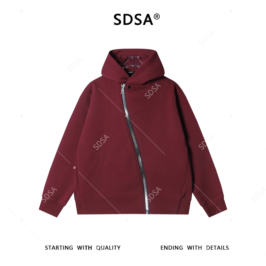 SDSA男士秋冬新款痞帅男装时尚纯色斜拉链连帽卫衣外套百搭时尚
