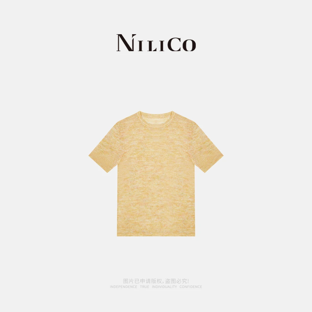 NILICO【芝士逃跑计划】马海毛羊毛时尚花色混纱显瘦气质短袖上衣
