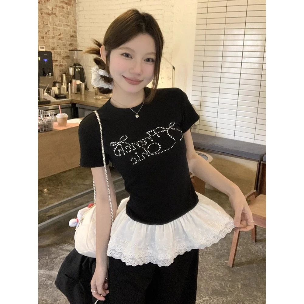 纯欲风蝴蝶结烫钻花边黑色短袖t恤女夏季修身显瘦正肩短款上衣潮