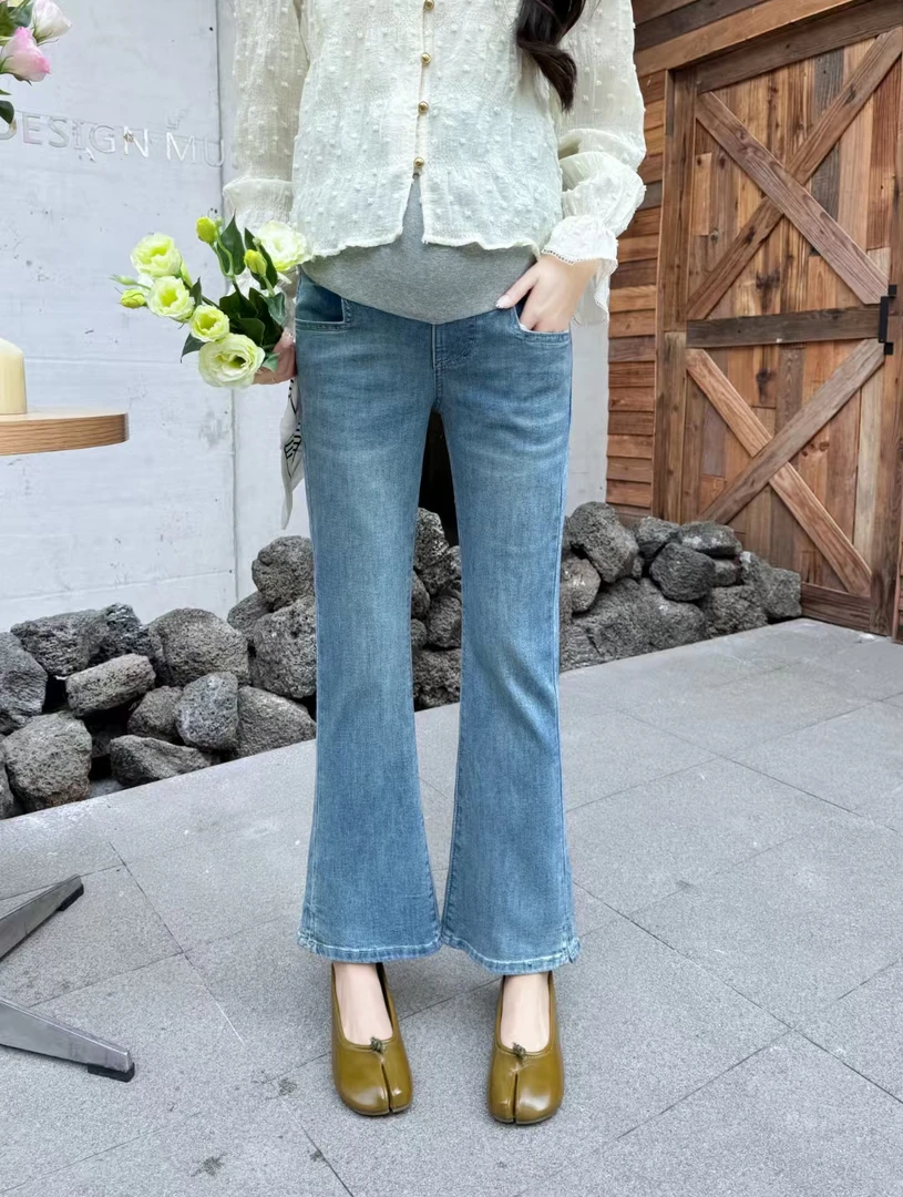 孕妇春款弹力软牛仔微喇裤
