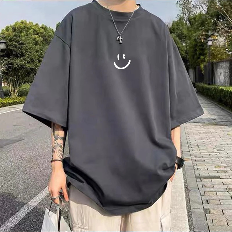 纯棉短袖男t恤笑脸休闲大码男装宽松情侣半袖男女同款学生上衣服