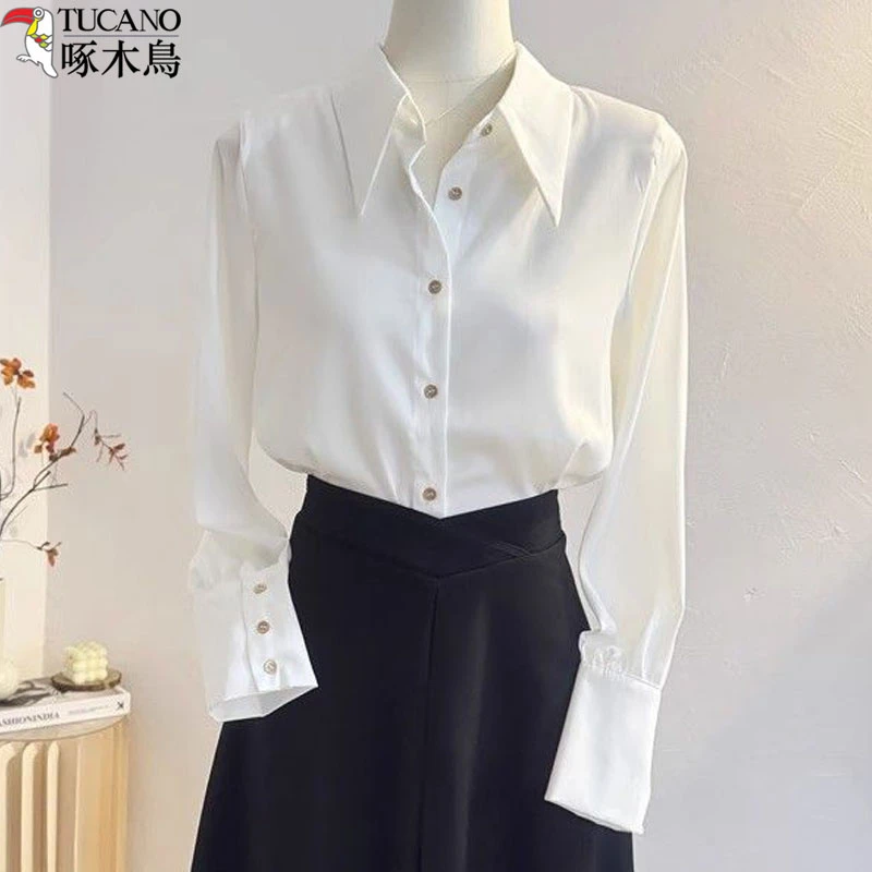 TUCANO/啄木鳥长袖女士白色港风正装衬衫显瘦通勤秋冬季宽松衬衣