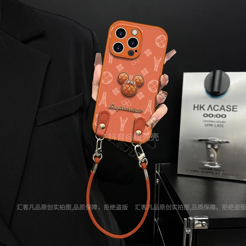 适用【苹果/oppo/华为/vivo/小米】金属漆爱马橙米奇皮质防摔手机壳