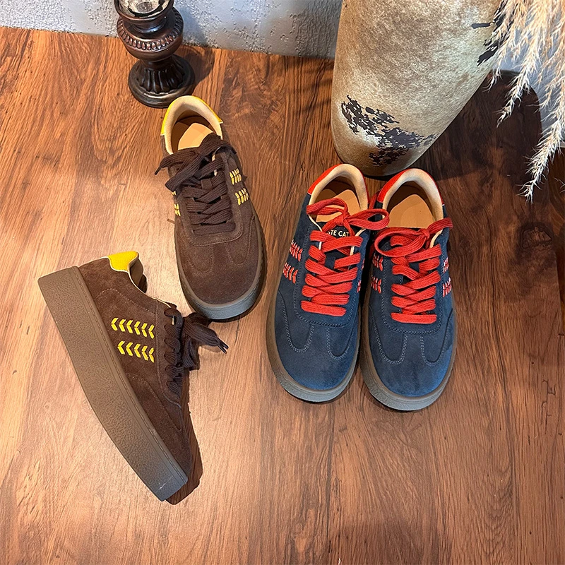 秋季时尚新款女士厚底增高原版德训风格纯皮白色休闲运动阿甘鞋潮