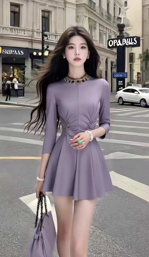 轻奢时尚气质名媛淡紫色圆领收腰长袖不规则连衣裙女氛围感短裙