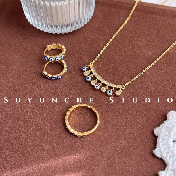 铜合金项链 Suyunche2373时尚新款流苏蓝眼三件套