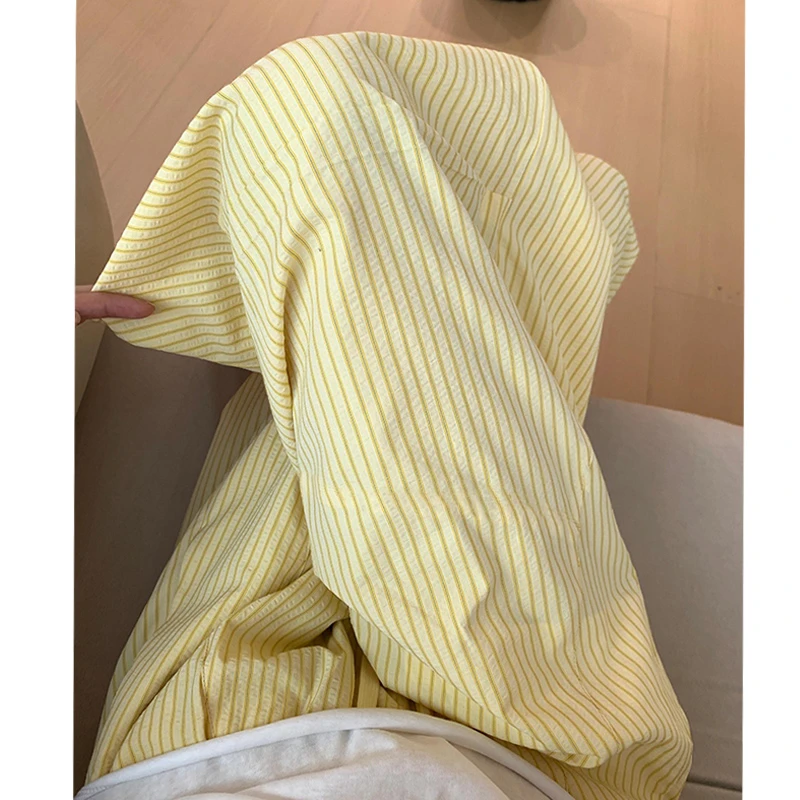 黄色多巴胺条纹阔腿裤女夏季薄款高腰宽松刺绣慵懒垂感休闲工装裤