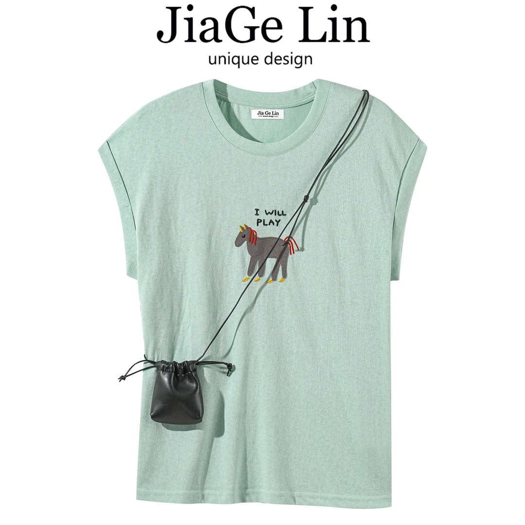 JiaGeLin韩系设计感圆领刺绣无袖T恤休闲小衫女夏季宽松显瘦上衣