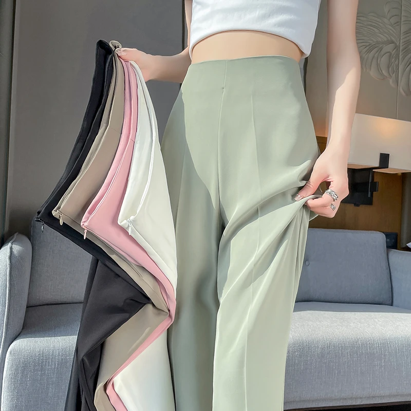 冰感西装裤女夏季薄款小个子窄版冰丝阔腿裤侧拉链高腰垂感微喇裤