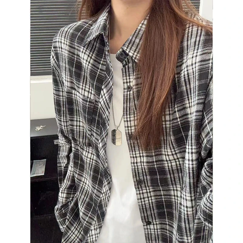 黑色格子衬衫男款早秋季痞帅高级感长袖衬衣美式cleanfit休闲外套