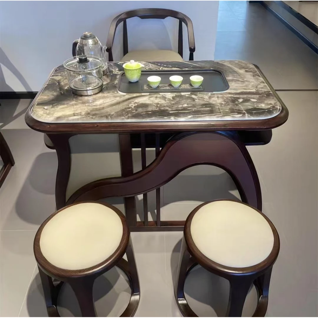 家用轻奢阳台茶桌椅组合新中式实木茶台大理石家用小茶桌雨牧茶桌