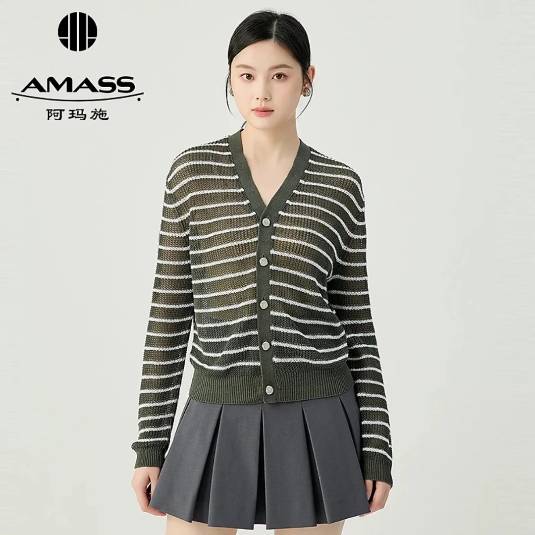 AMASS/阿玛施新款经典百搭清凉条纹亚麻基础镂空针织开衫548009
