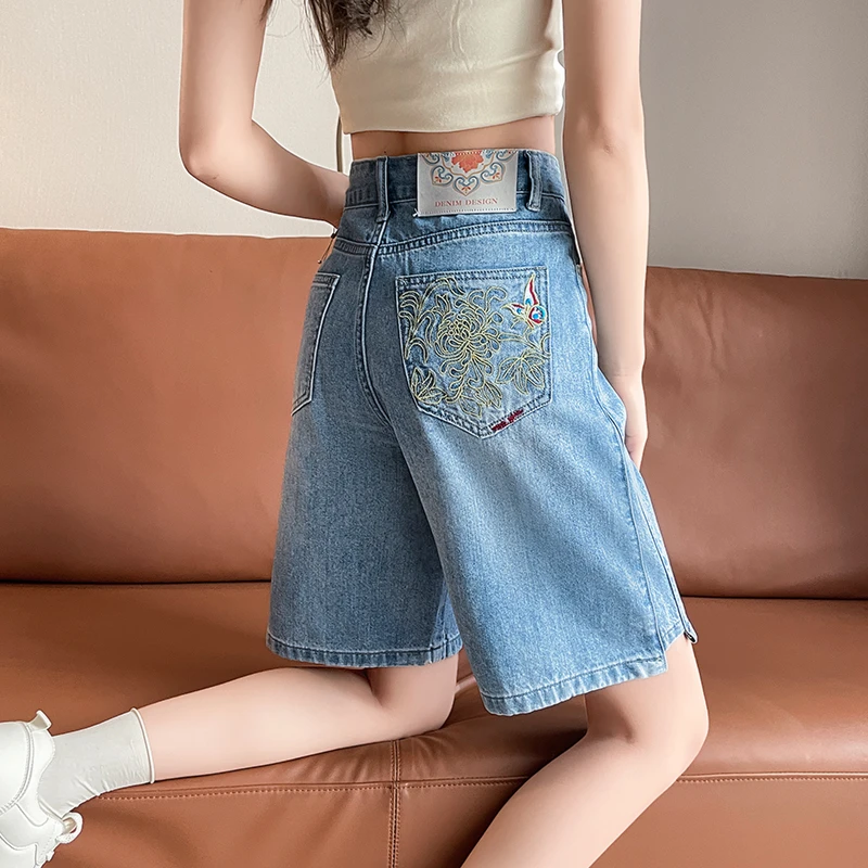 新中式国风刺绣五分牛仔短裤女夏季2025新款薄款高腰a字宽松中裤