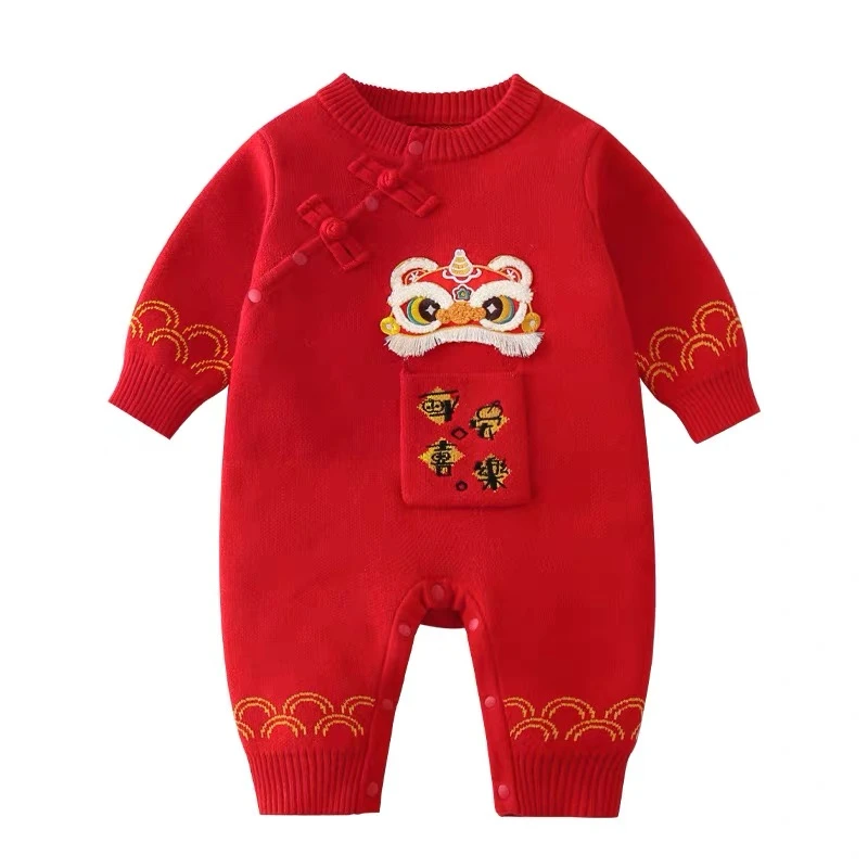 婴儿连体衣新生儿红色过年拜年战袍口袋秋冬宝宝周岁爬服中国风