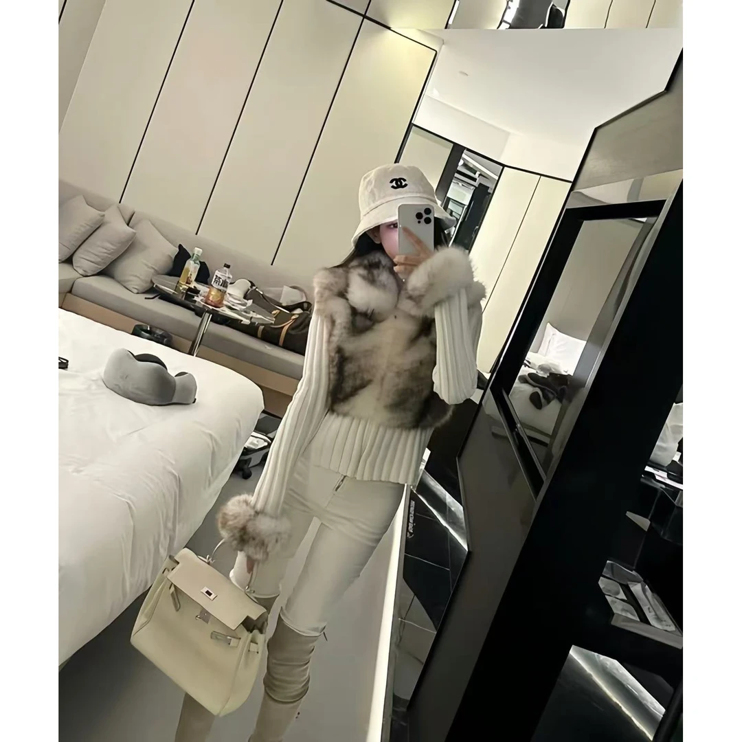 【韩系濑兔】巨滑仿皮草翻领毛毛拼接针织衫马甲开衫外套女