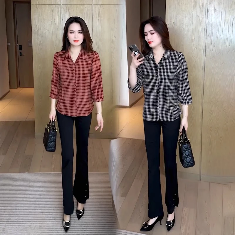 格子衬衫2025新款今年流行女装显瘦小衫洋气质春夏减龄七分袖上衣