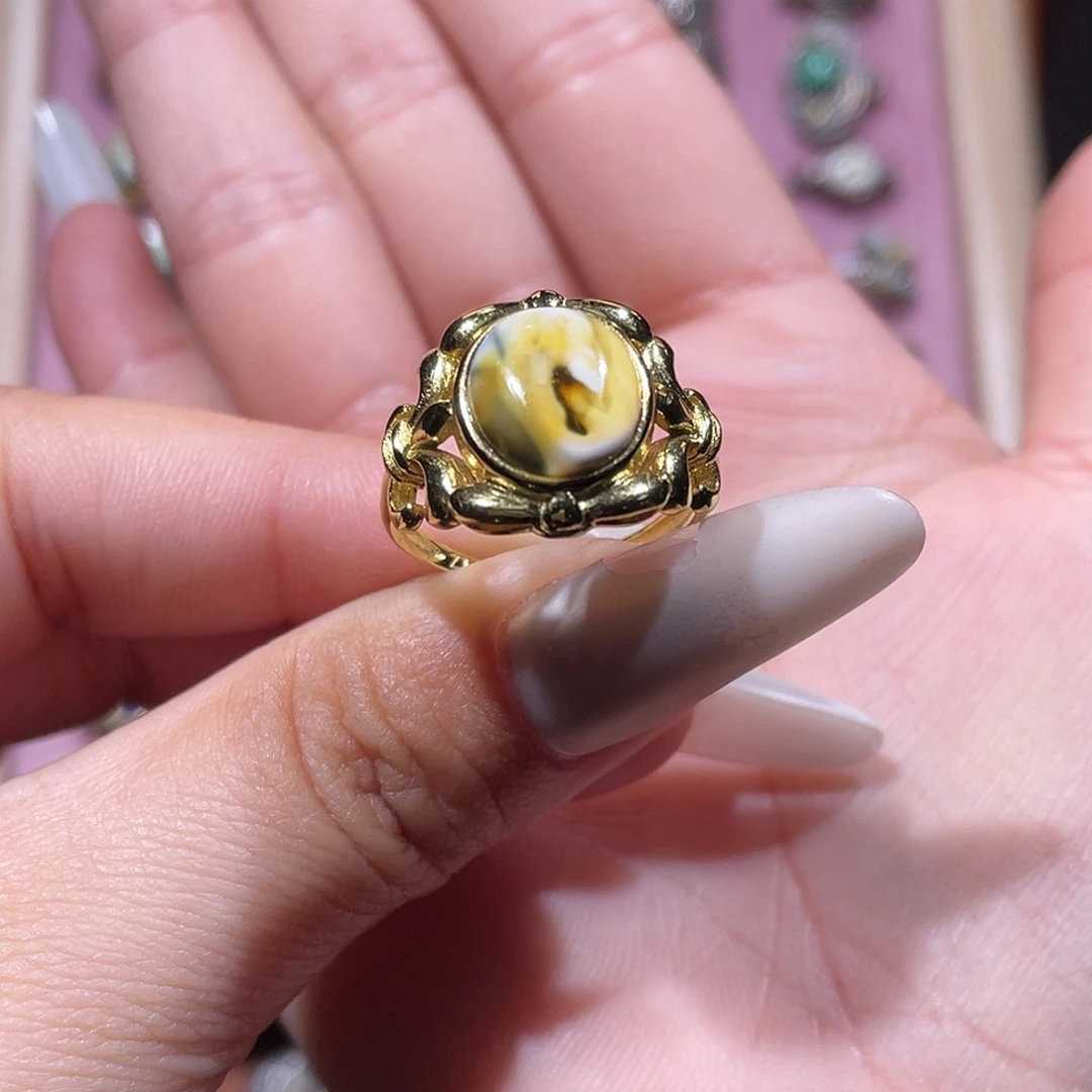 琥珀银S925镀金镶嵌戒指戒指