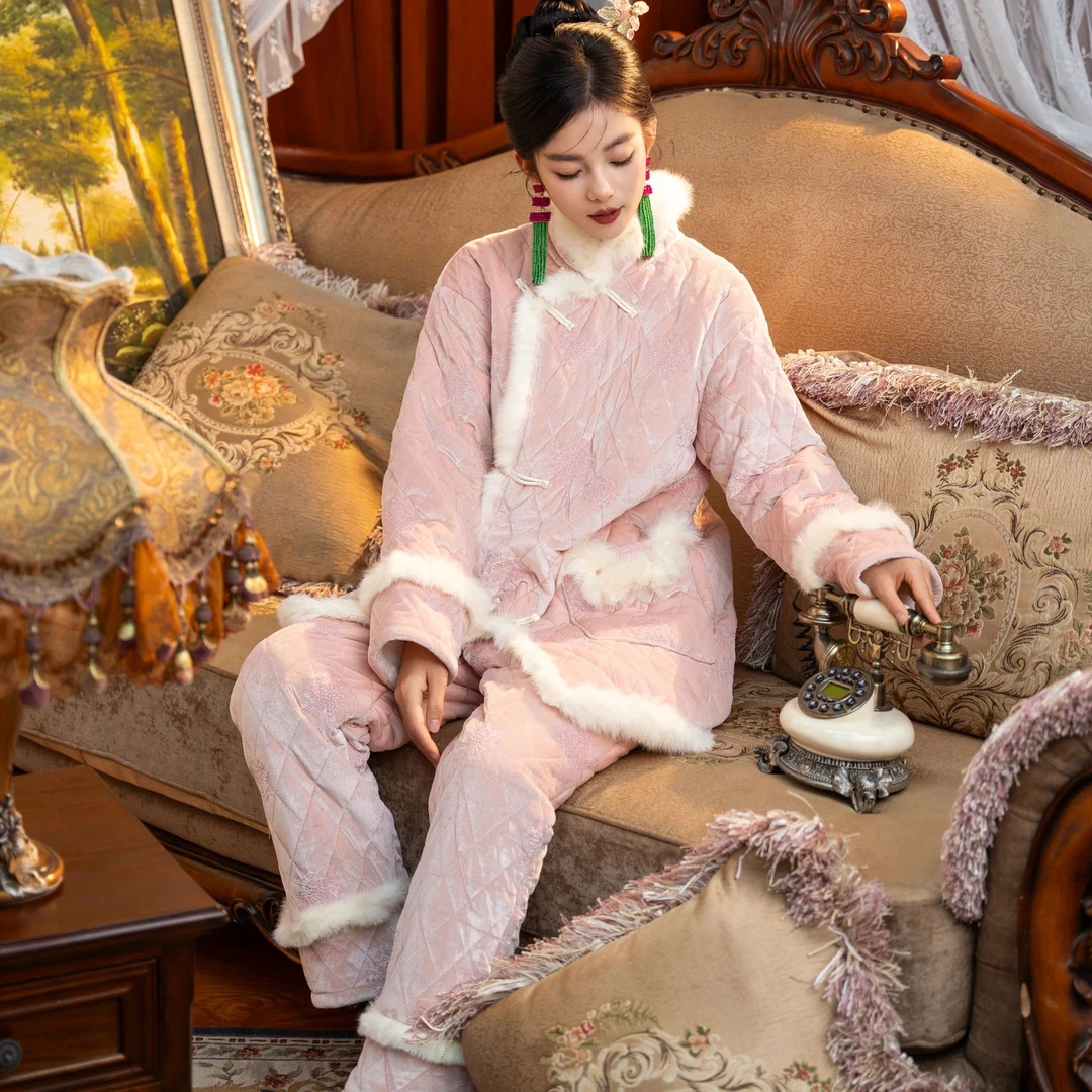 纯色女士保暖冬季睡衣少女提花套装秋冬季睡袍长款中国风H0043