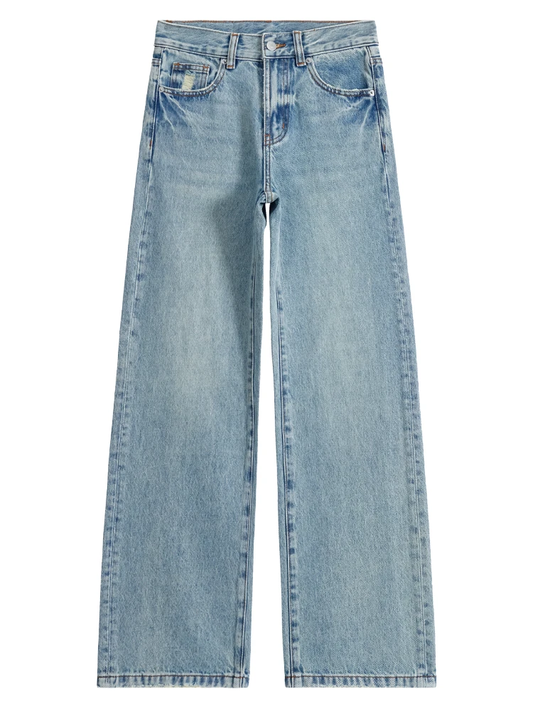 夏款无弹丹宁窄版中高腰修身百搭直筒拖地裤-6156-1