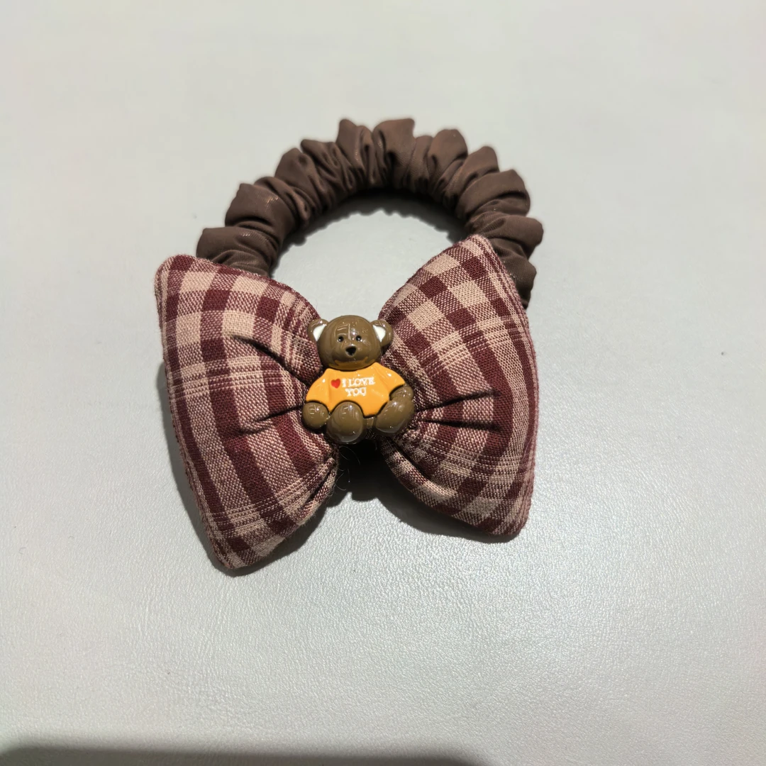 C137黄咖色小熊格子蝴蝶结小枕头发圈