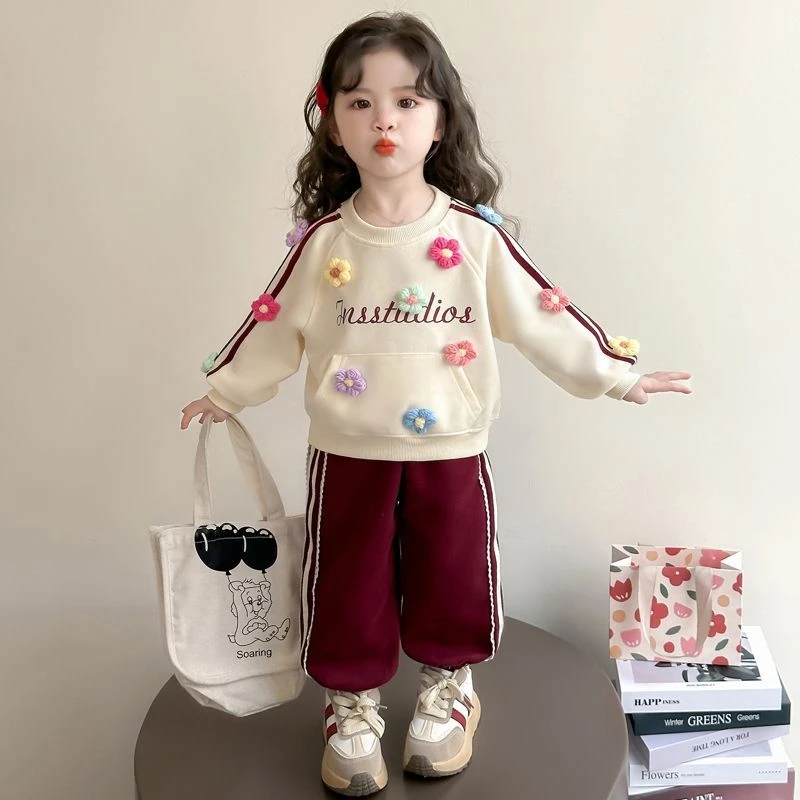 两件套花朵新款女孩套装童装洋气儿童时髦卫衣女宝宝女童春秋套装