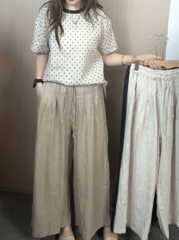 巷子里亚麻阔腿九分裤 百搭垂顺麻本色夏季舒适休闲裤