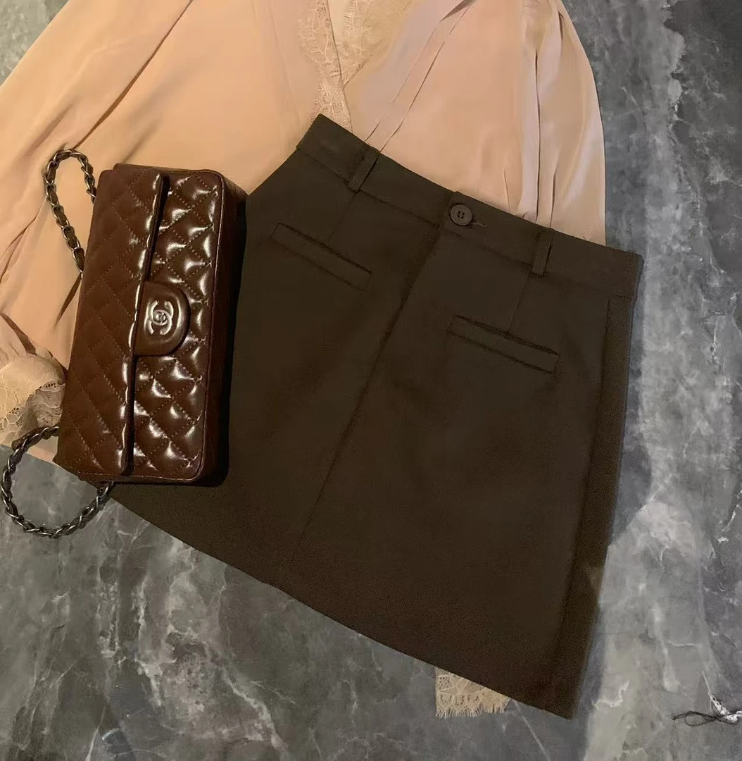 ANLI 简约设计假口袋腰带毛呢半身裙