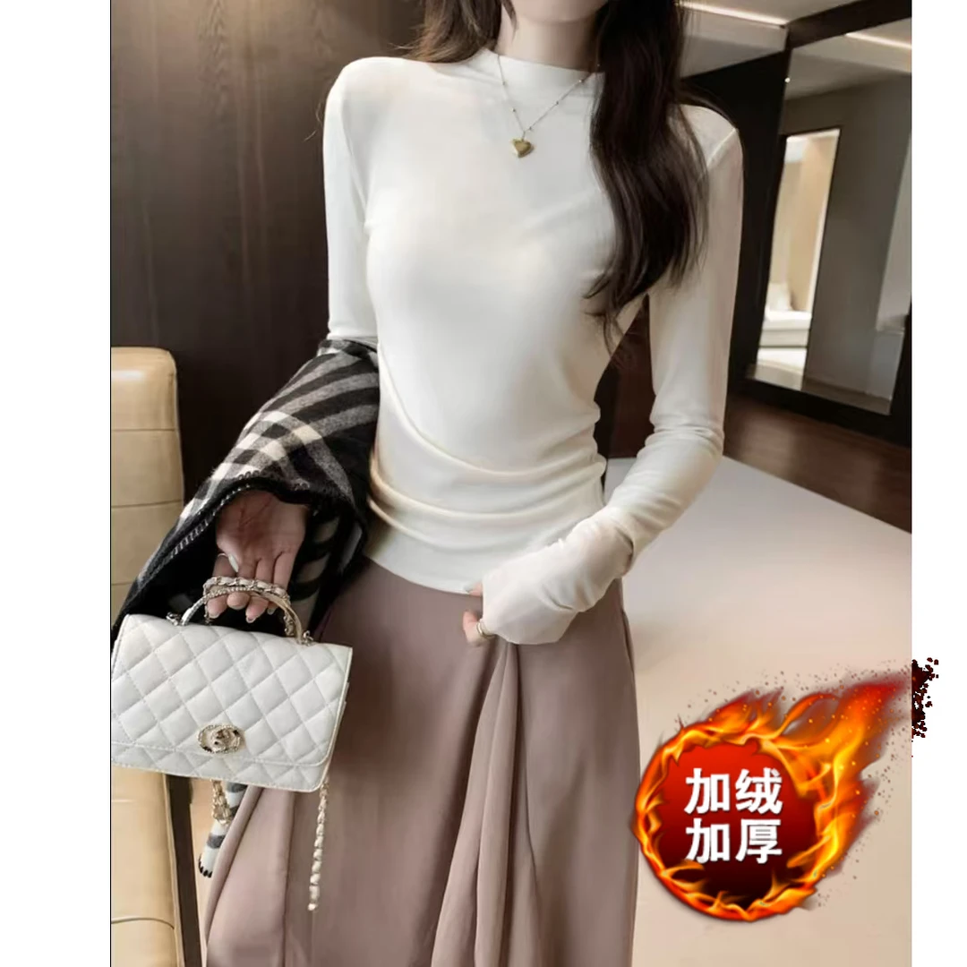 2025女秋新款加绒纯欲辣妹风拼接圆领长袖T恤修身收腰打底衫上衣