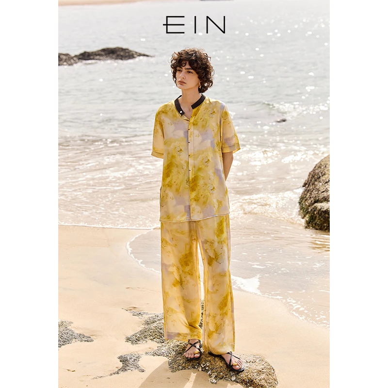 EIN/言艺术感渐变晕染卡特兰印花阔腿空气感休闲长裤子女早春新款