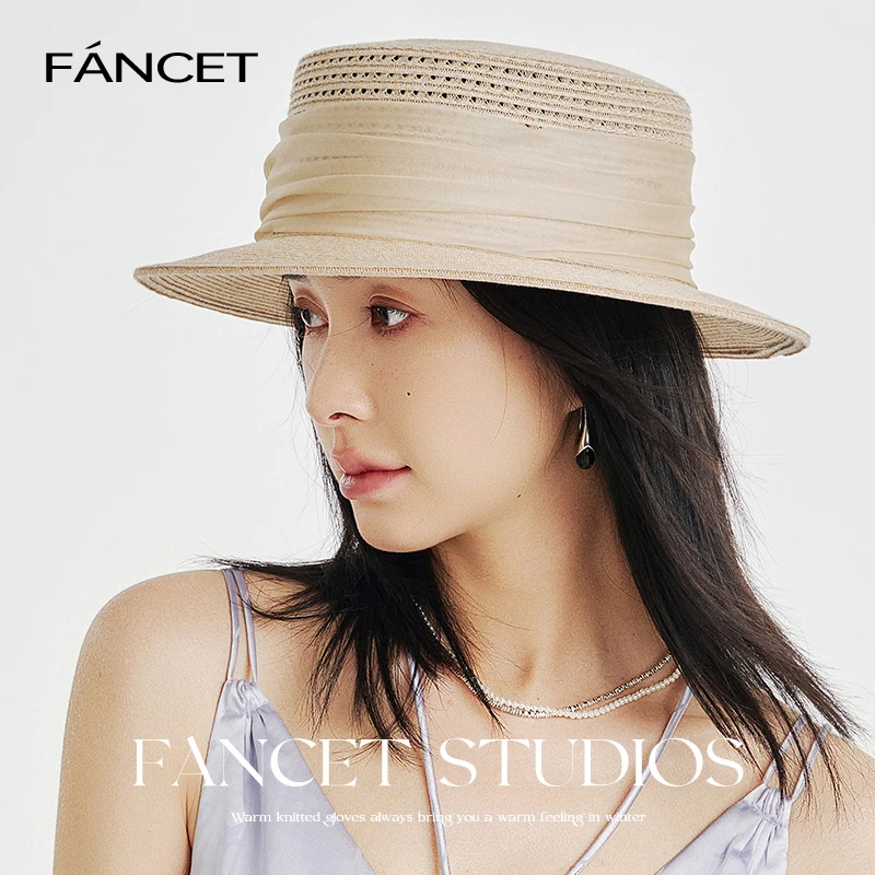 FANCET平顶帽子夏天草帽女款海边沙滩法式赫本风度假遮阳防晒帽子