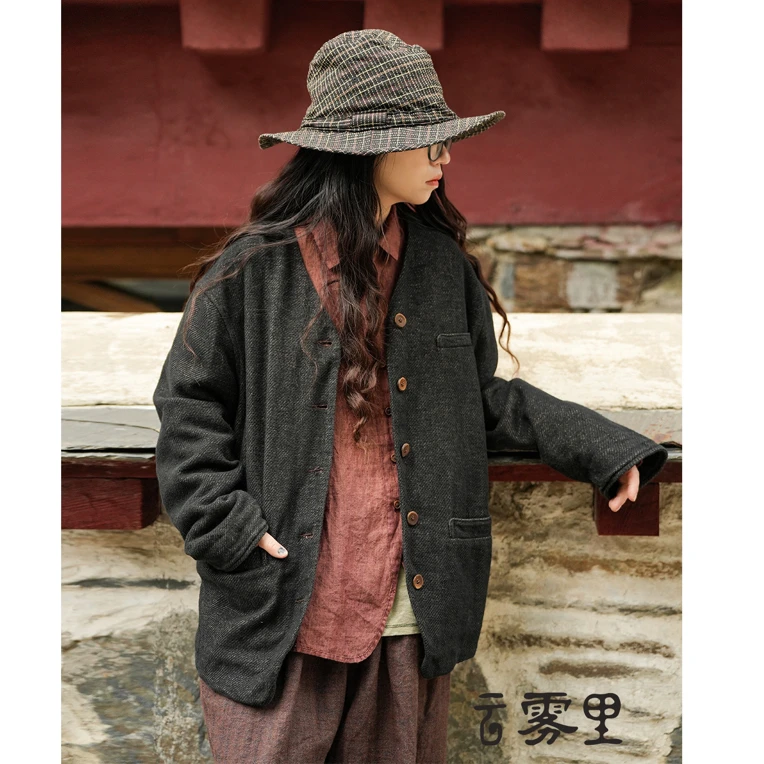云雾里6109#亚麻棉混纺斜纹肌理侧开叉V领宽松双层短西装短外套