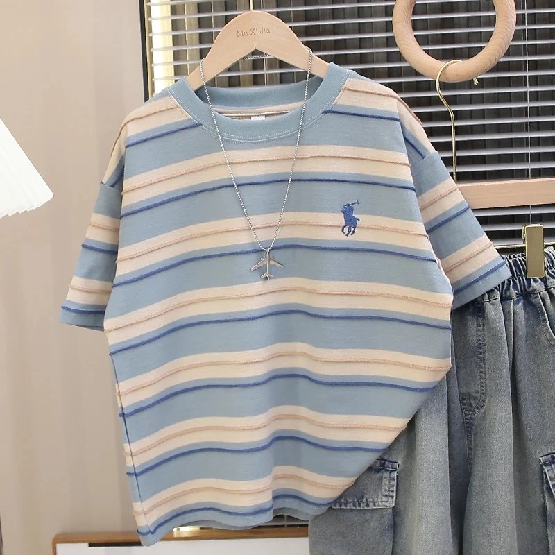 【刺绣清仓】夏季男女童韩系条纹短袖T恤韩版慵懒百搭ins休闲