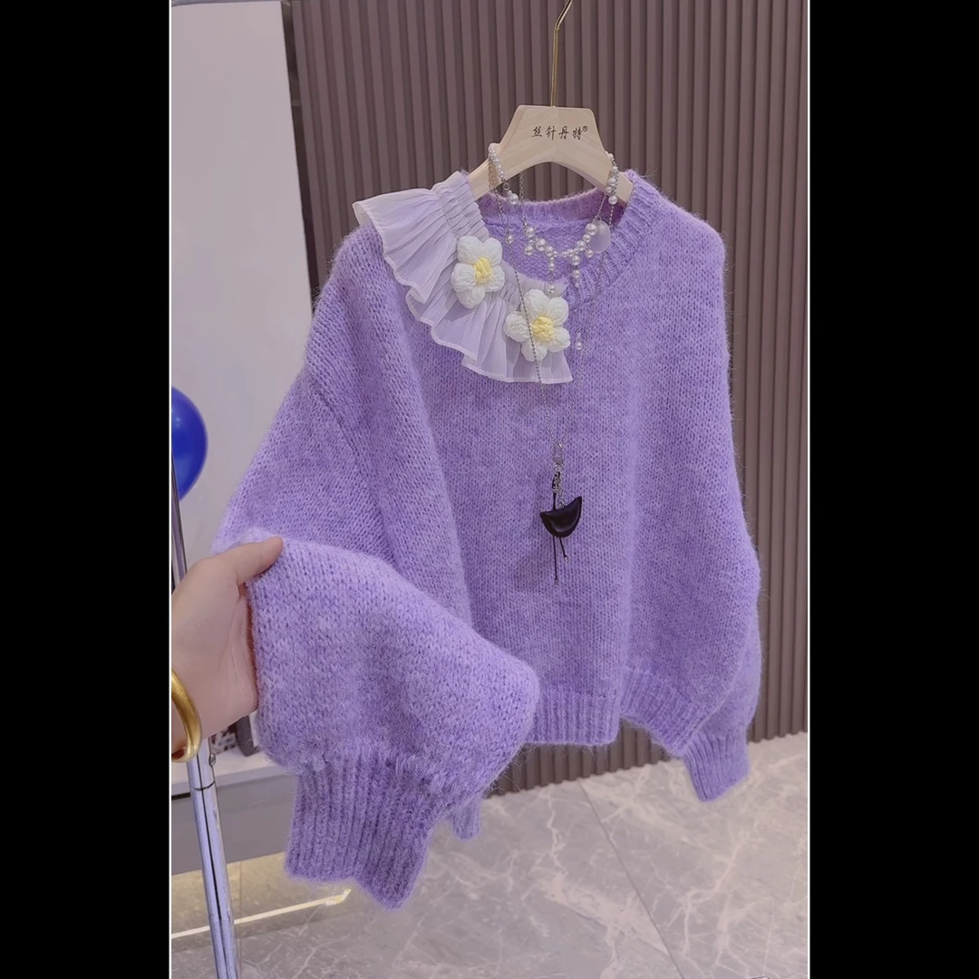 玫瑰花针织衫女秋冬巨好看宽松毛衣慵懒高级感长袖上衣