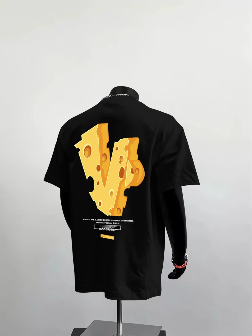 重磅纯棉美式oversize创意趣味奶酪logo印花圆领宽松夏季短袖T恤