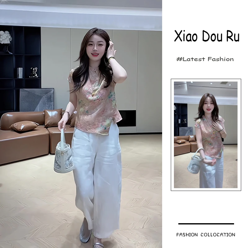 夏季流行穿搭一套新款2025年新中式减龄碎花短袖上衣阔腿裤两件套