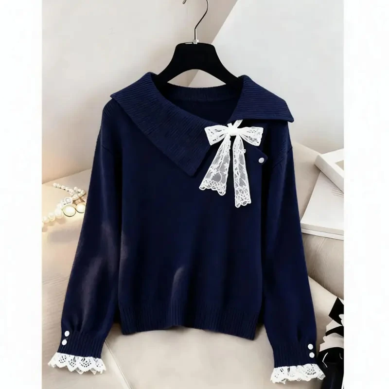 法式气质翻领针织毛衣2025秋冬新款大码胖MM蕾丝拼接洋气减龄上衣