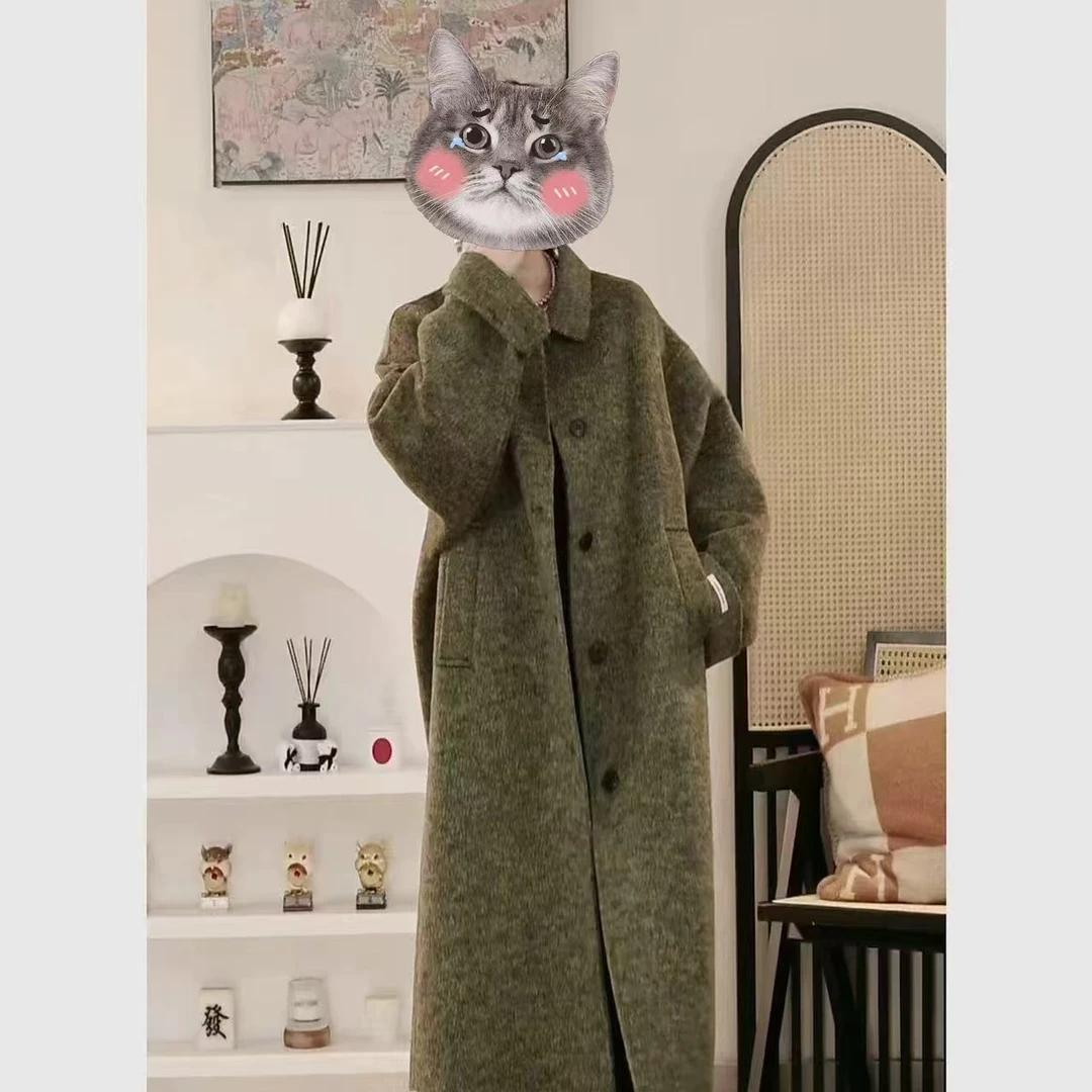 【莫奈花园】高奢面料韩版慵懒大版羊毛大衣显瘦加长款