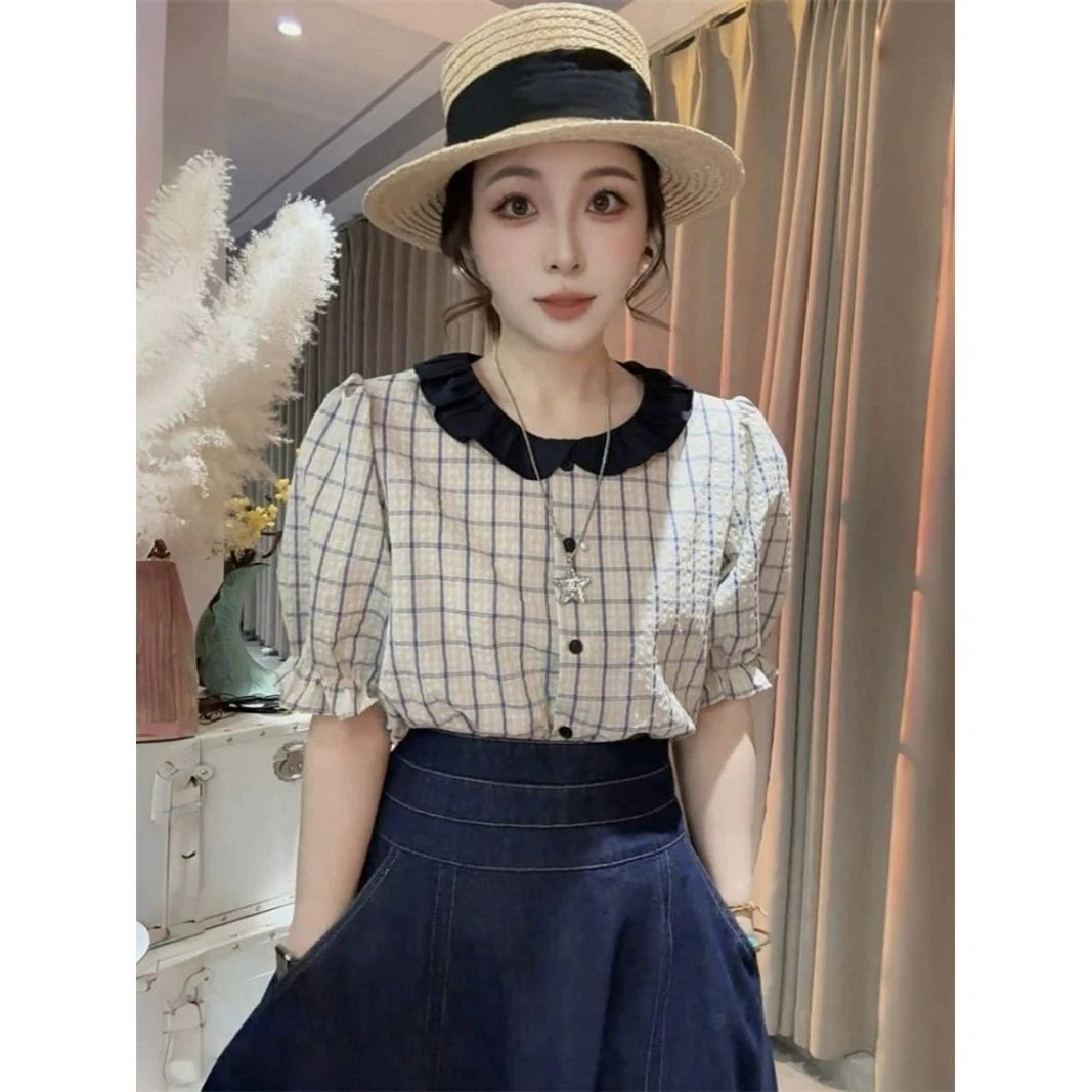 复古甜美风格子娃娃领短袖衬衫夏季设计感显瘦小衫格子荷叶边衬衣