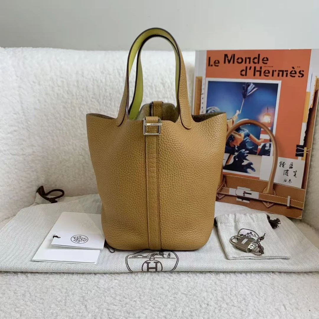 未使用 Hermes/爱马仕 壹臻/芝麻拼青柠色菜篮子18y刻tc 18329738