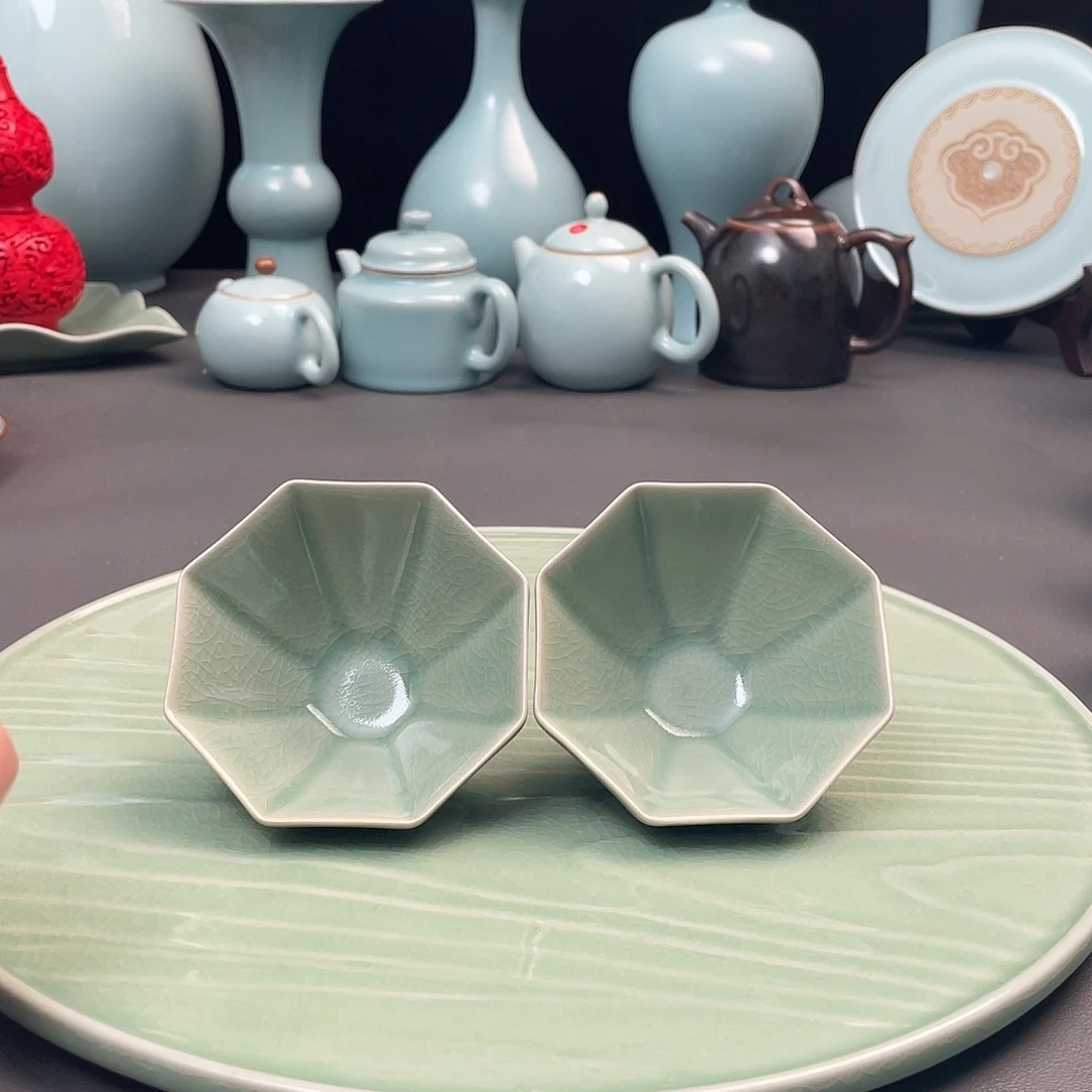 瓷片仿古青绿釉八方杯一对简包装