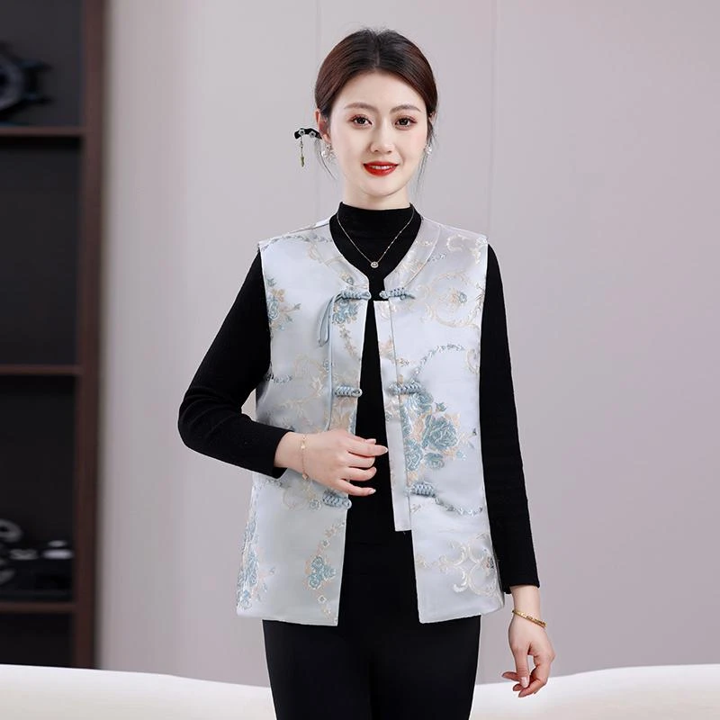 2025春季新中式国风盘扣缎面刺绣提花马夹背心无袖上衣马甲女外搭