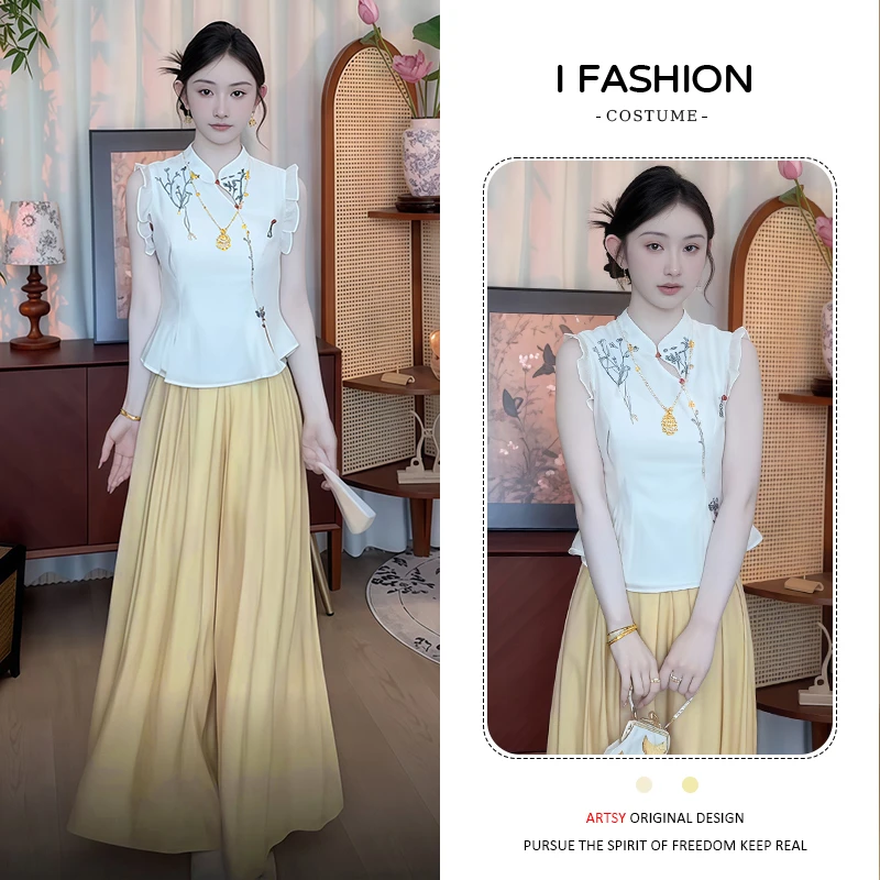 设计感时尚套装女2025年夏季新款小个子显瘦国风上衣阔腿裤两件套