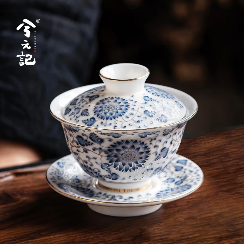 兮元记青花缠枝莲悬停三才盖碗茶杯单个高档鎏银茶碗带盖功夫茶具