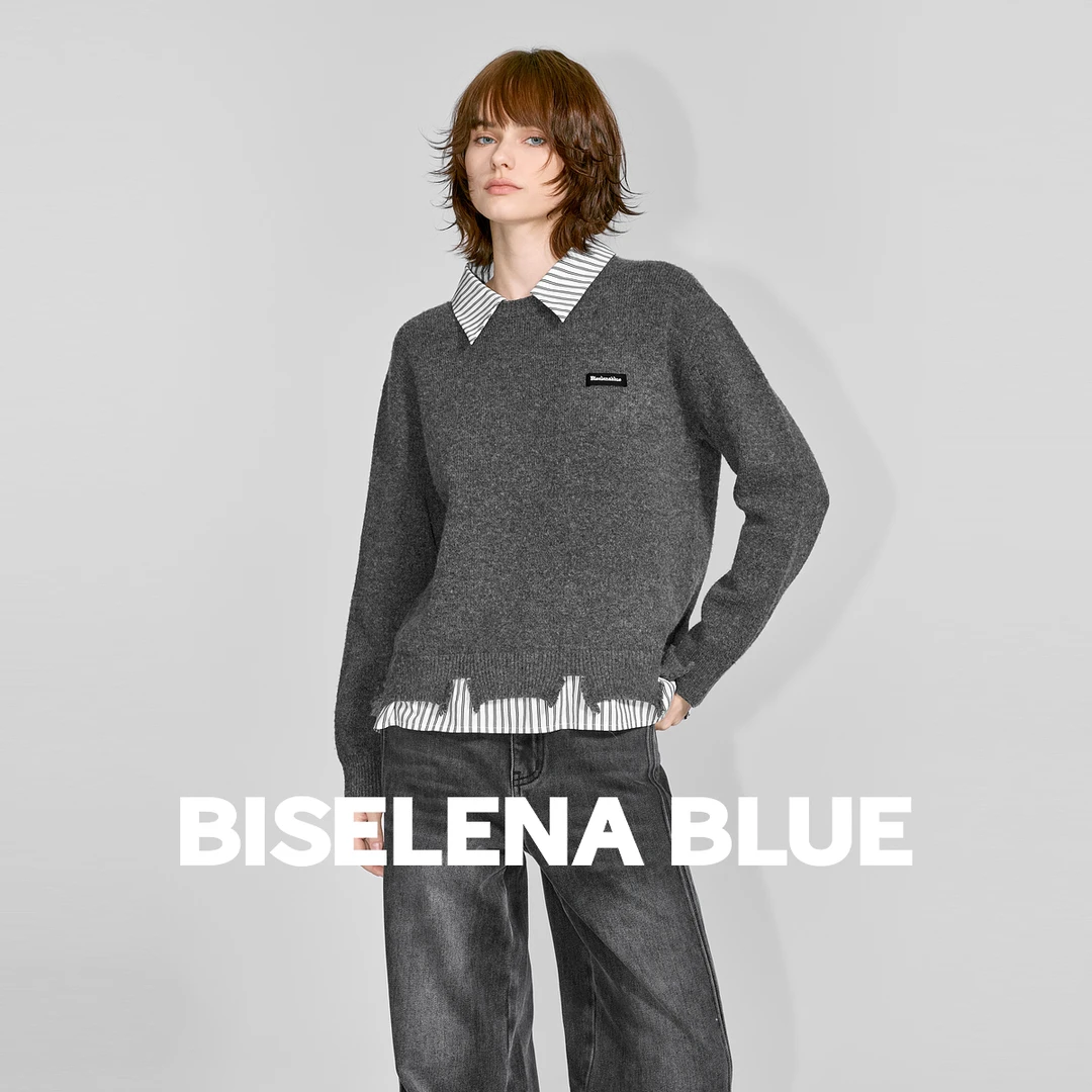 格雷系条纹衬衫领拼接针织衫女士2025年冬季新款0969