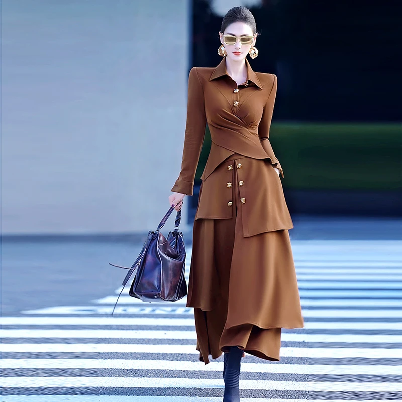 秋季交叉设计感牛仔套装裙2024新款气质上衣不规则过膝长裙两件套