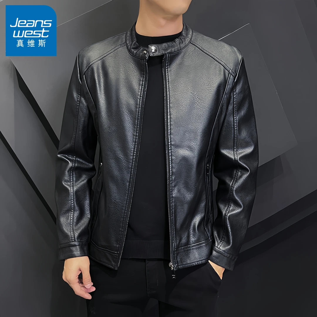 真维斯Jeanswest/男士休闲时尚免烫皮衣韩版加绒夹克秋冬立领外套